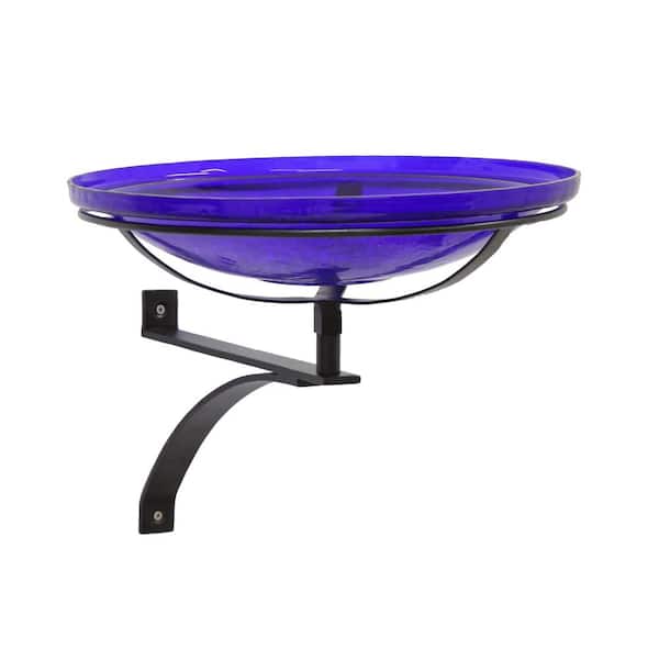 ACHLA DESIGNS 14 in. Dia Round Cobalt Blue Crackle Glass Birdbath with Black Wrought Iron Wall Mount Bracket