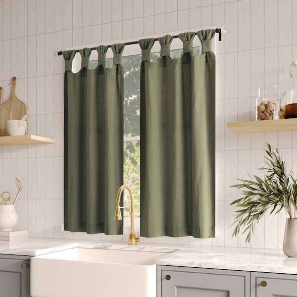 Sarro Kitchen Tiers Washed Cotton Moss Green Cotton 52 in. W x 36 in. L Tab Top Light Filtering Curtain (Set of 2)