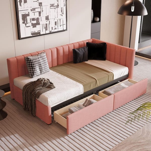 Pink Upholstered Twin Size Daybed with 2 Storage Drawers