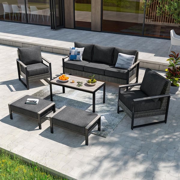 6 Pieces Patio Conversation Set with Coffee Table and Ottomans Gray Wicker with Black Cushion