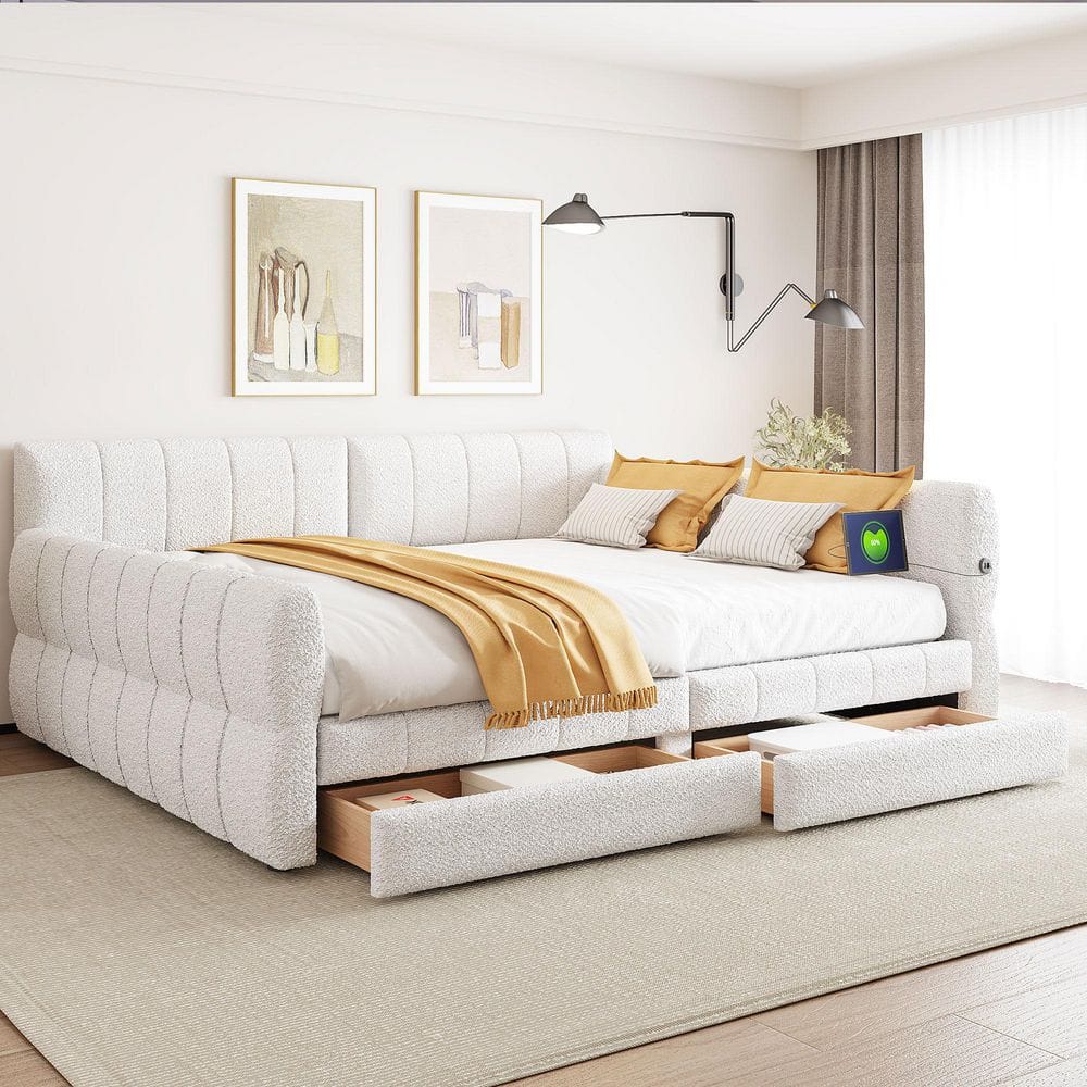 Cornelius White Wood Frame King Size Upholstered Platform Bed with USB Charging Station, 2 Drawers price history on PriceWatchPro