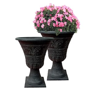 Tumbled Scroll 16 in. Weathered Black Resin Composite Urn Planter Pack (2-Pack)