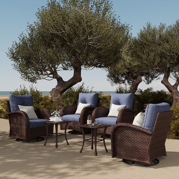 LayinSun 6-Piece Wicker Swivel Outdoor Rocking Chairs Patio Conversation Set with Navy Blue Cushion