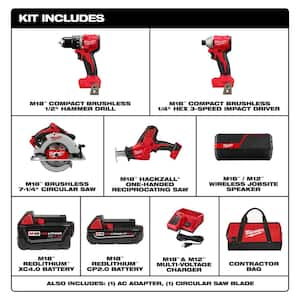 M18 18-Volt Lithium-Ion Brushless Cordless Combo Kit (4-Tool) with 2-Batteries, 1-Charger with M18/M12 Wireless Speaker