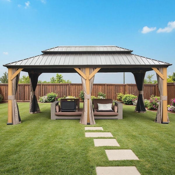 12 ft. x 20 ft. Brown Aluminum Double Galvanized Steel Roof Gazebo with Ceiling Hook, Mosquito Netting and Curtains