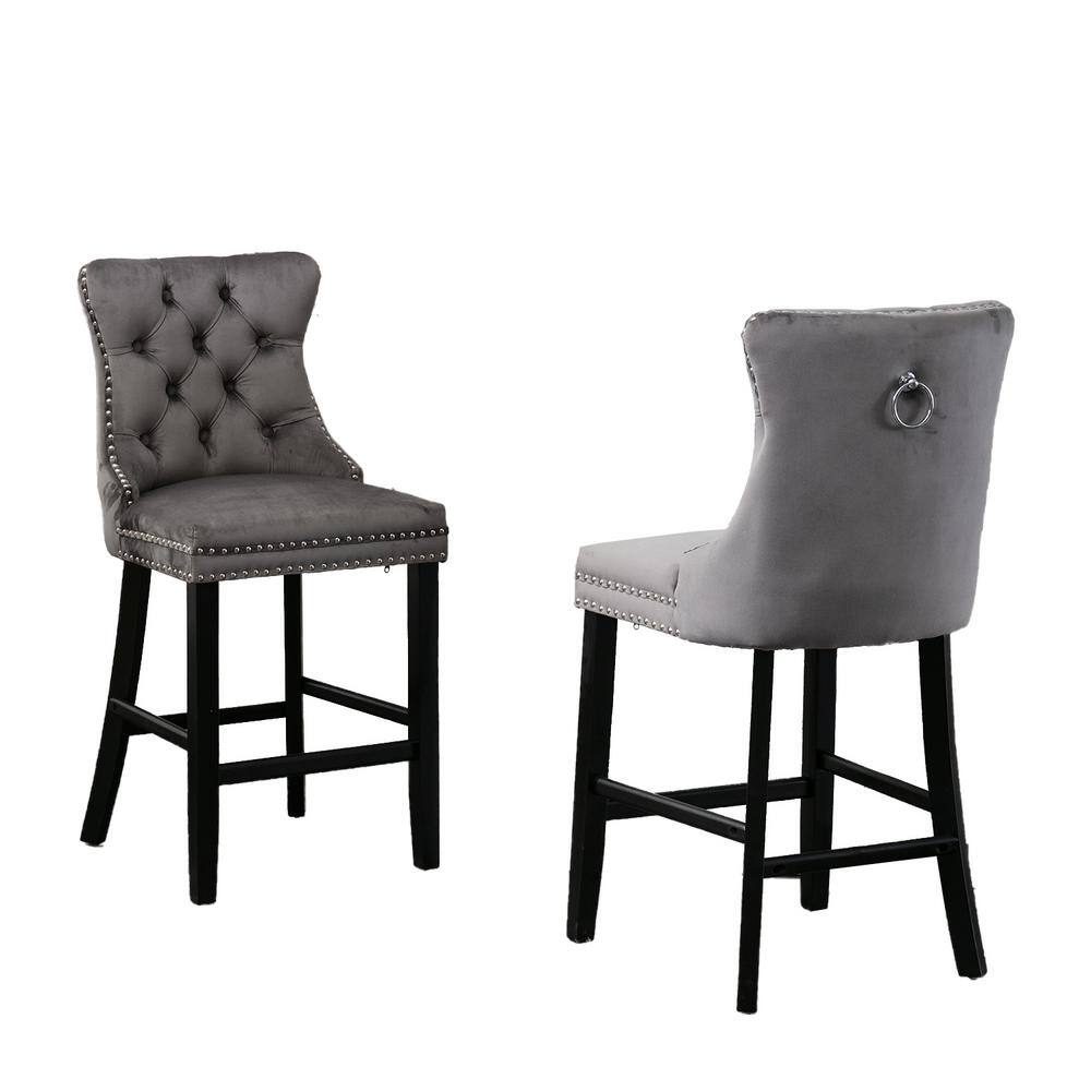 41.3 in. H Gray Solid Wood Velvet Upholstered High Stool Chair Bar Stool wi
