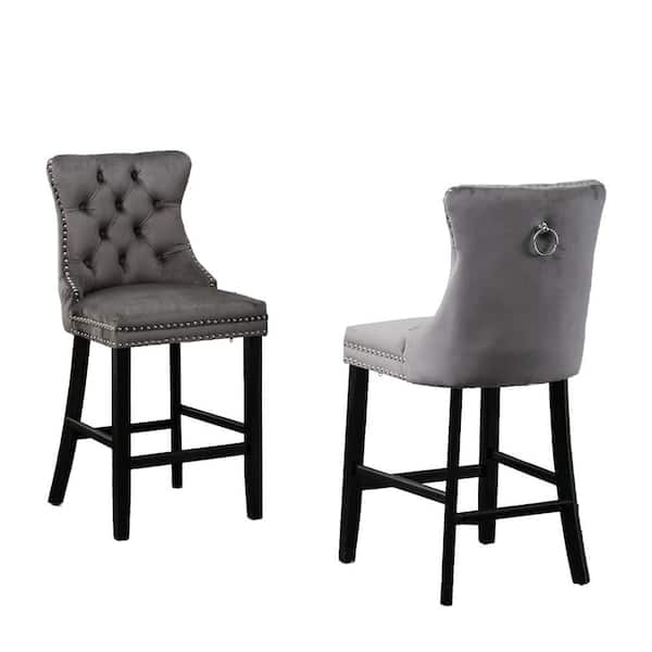 Unbranded 41.3 in. H Gray Solid Wood Velvet Upholstered High Stool Chair Bar Stool with Nail Head Trim (Set of 2)
