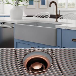Luxury Matte Gray Solid Fireclay 33 in. Single Bowl Farmhouse Apron Kitchen Sink with Antique Copper Accs and Flat Front