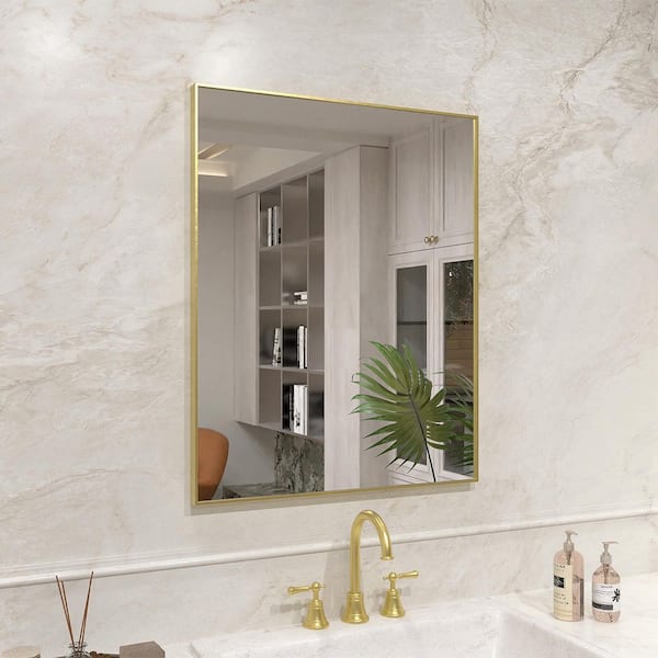 24 in. W x 30 in. H Rectangular Framed Wall Bathroom Vanity Mirror in Brushed Gold