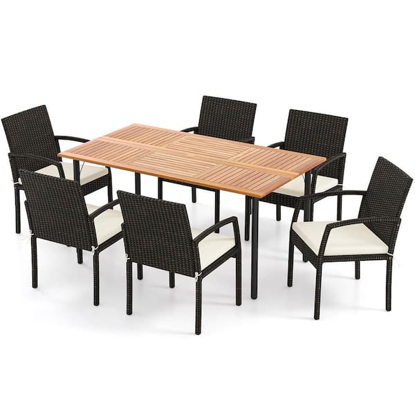 7-Piece Wicker Wood Rectangle 30 in. Outdoor Dining Set with White Cushions and Umbrella Hole