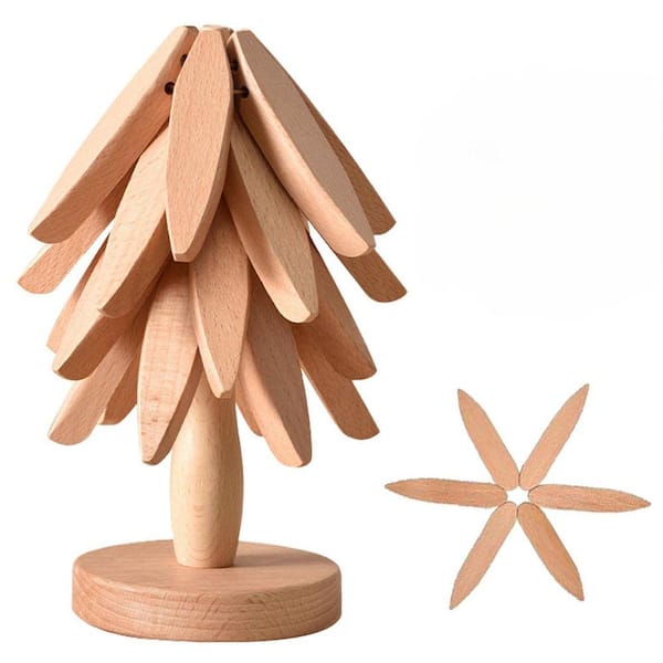 Natural Collection Beech Foldable Wooden Trivet Set with Display Stand for Hot Pots and Pans