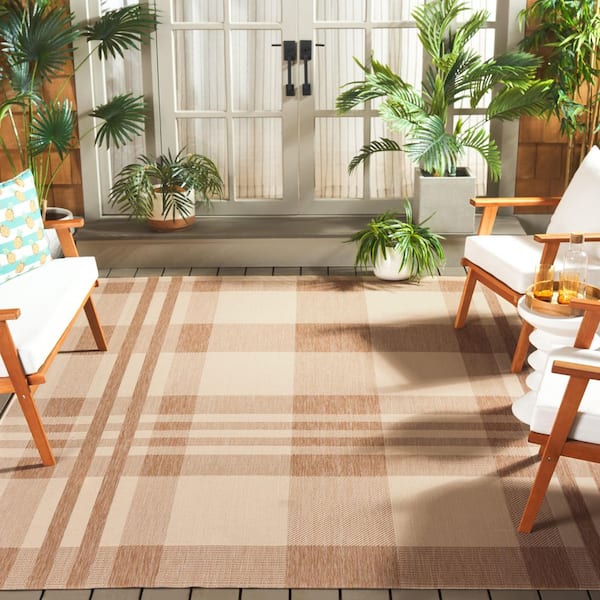 Courtyard 7 ft. x 7 ft. Square Natural/Beige Plaid Indoor/Outdoor Area Rug