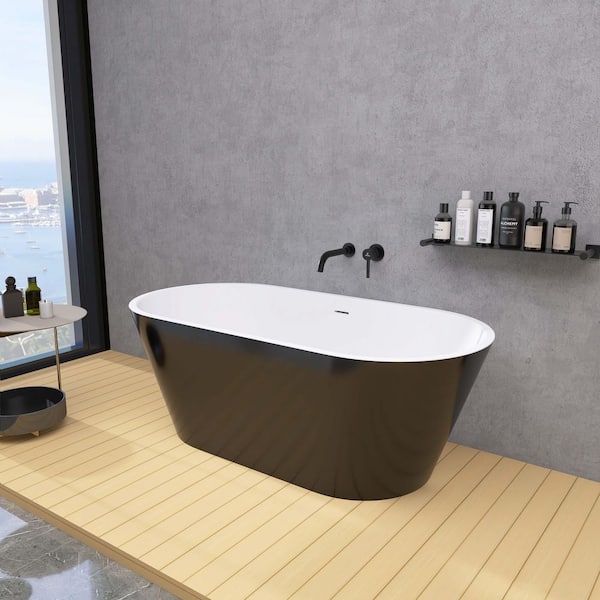 HBEZON 55 in. x 27.5 in. Acrylic Freestanding Oval Flatbottom Soaking Bathtub in Glossy Black