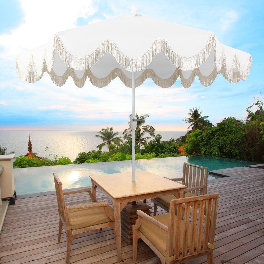 Collins 9 ft. White and Cream Aluminum Patio Umbrella with Tassels