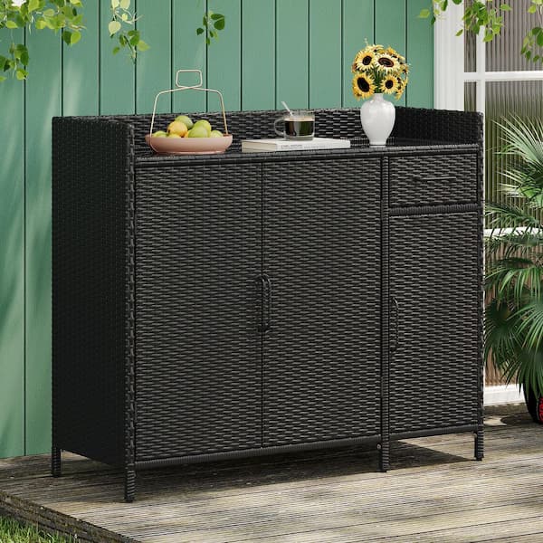 Xzkai 47.5 in. Black Wicker Outdoor Bar with Tempered Glass Desktop, Weather-proof, Three Doors, Adjustable Shelf