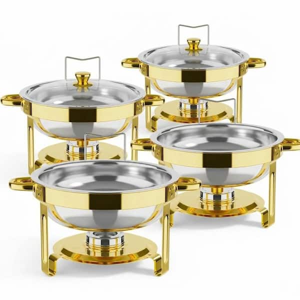Stainless Steel 4-Piece 5 Qt Round Chafing Dish Set with Welded Stand and Lids, Gold and Silver, Integrated One-Screw