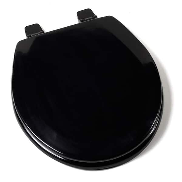 JONES STEPHENS Deluxe Molded Wood Round Closed Front Toilet Seat with Cover and Adjustable Hinge in Black
