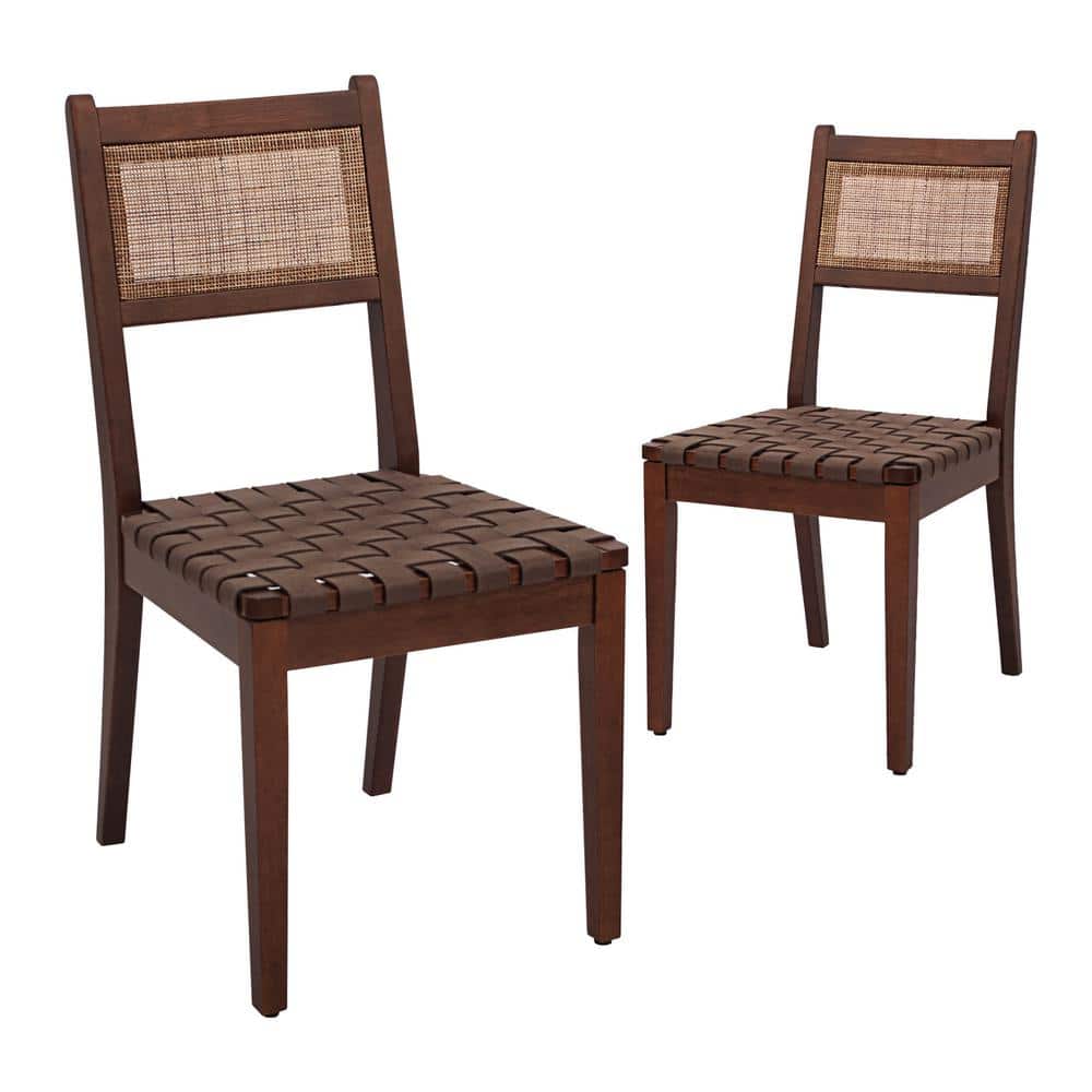 CANGLONG Dining Chairs with Rattan Backrest and Leather Woven Seat with ...