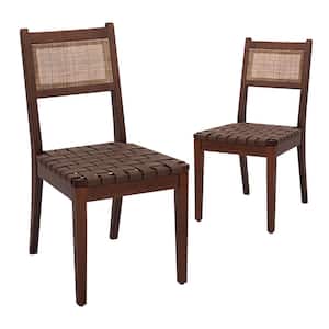 Dining Chairs with Rattan Backrest and Leather Woven Seat with Solid Wood Leg for Dining Room, Set of 2, Brown