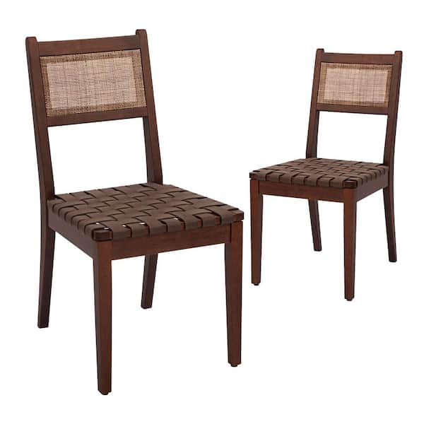 CANGLONG Dining Chairs with Rattan Backrest and Leather Woven Seat with Solid Wood Leg for Dining Room, Set of 2, Brown