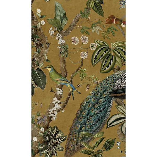 Walls Republic Ochre Climbing Peacock & Climbing Florals Printed Non-Woven Non-Pasted Textured Wallpaper 57 Sq. Ft.