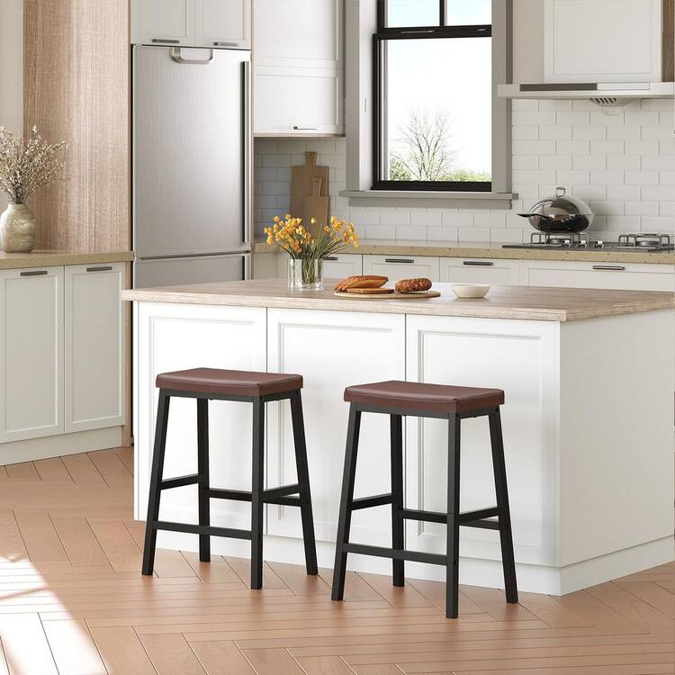 Angel Sar 24 in. Black Metal Outdoor Bar Stools with Brown PU Leather Cushion for Patio Kitchen Bar (2-Pack)