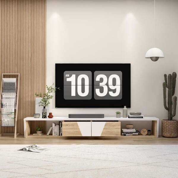 FUFU&GAGA White & Wooden Grain TV Stand Entertainment Center Fits TV's up tp 90 in. with 2 Drawers & 2 Open Shelves