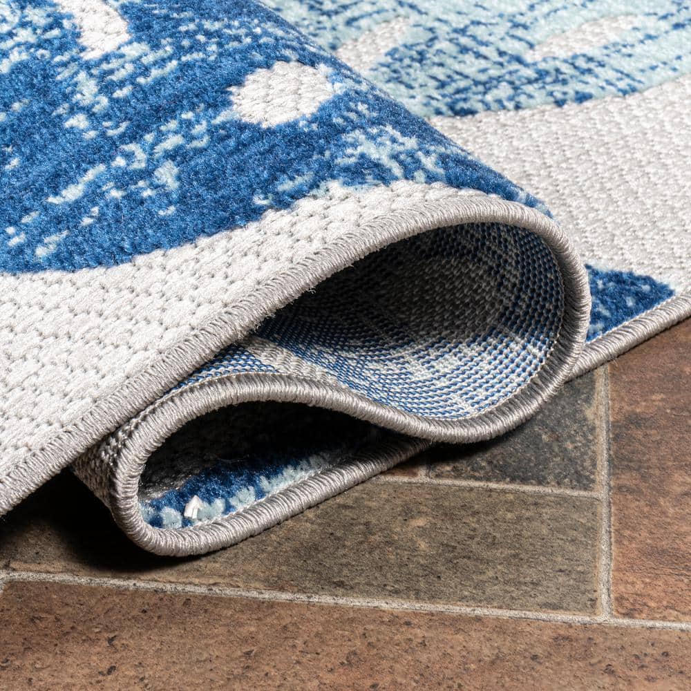 Light Gray and Navy Tropical Leaf Runner Rug, 2'-3" x 8', Synthetic