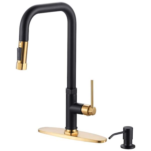 WOWOW Brass Single Handle Pull Down Sprayer Kitchen Faucet with Soap Dispenser in Black and Gold