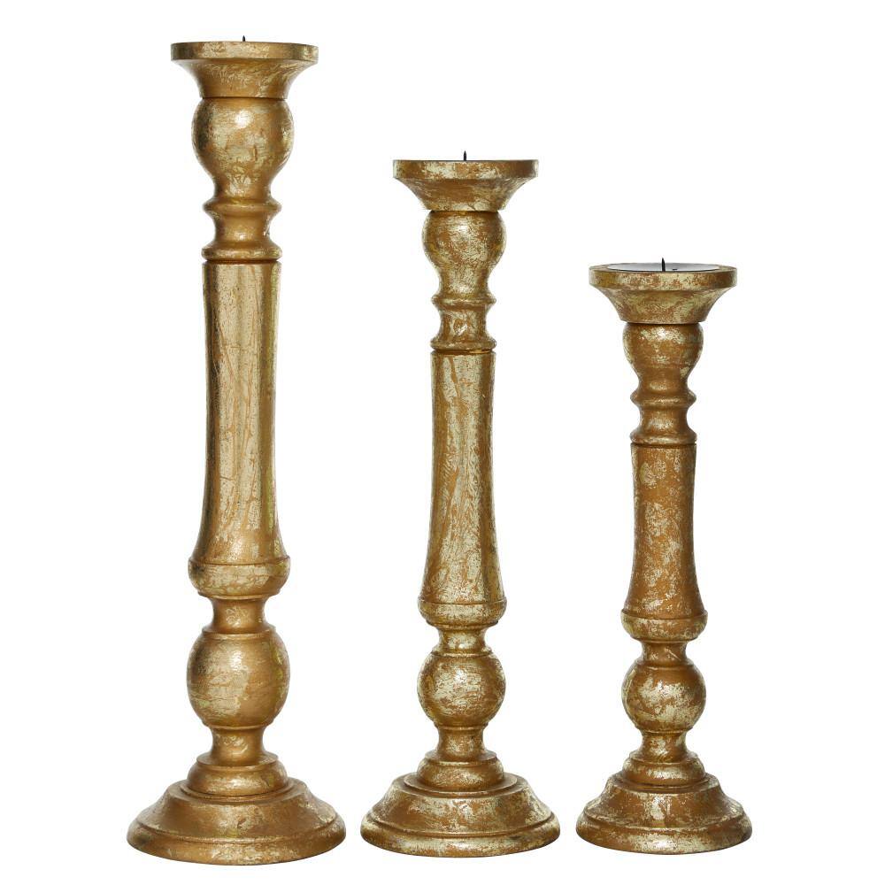 Classic Bronze and Wood Pillar Candle Holders Set of 3