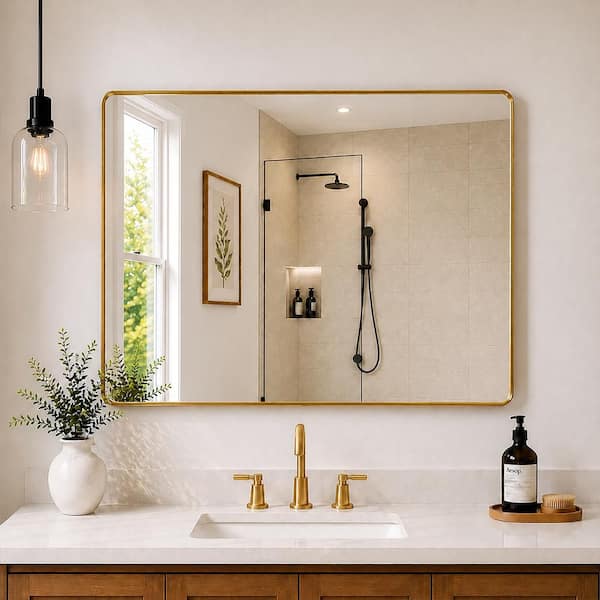 Cosy 48 in. W x 36 in. H Rectangular Framed Wall Bathroom Vanity Mirror in Brushed Gold