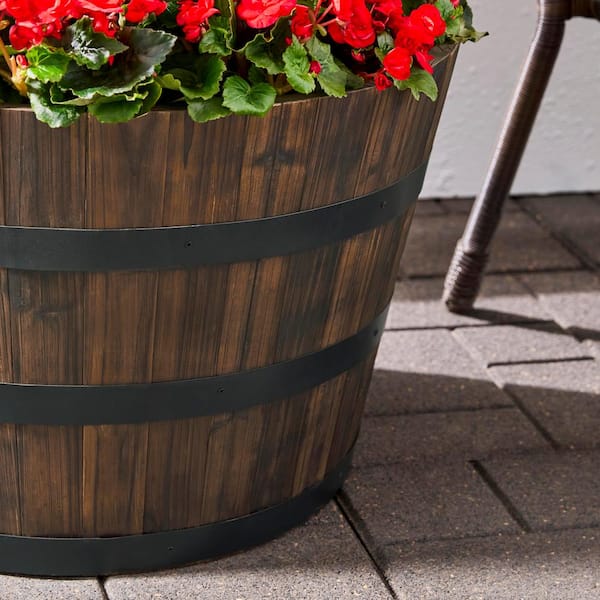 Vigoro Jackson Extra Large Dark Brown Wood Barrel Planter with Vigoro Jackson Extra Large Dark Brown Wood Barrel Planter with
