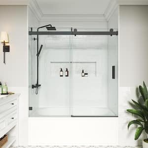 60 in. W x 60 in. H Single Sliding Frameless Soft Close Bath Tub Door in Matte Black with Easy-Clean 3/8 in. Clear Glass