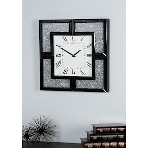 Black Glass Mirrored Wall Clock with Floating Crystals