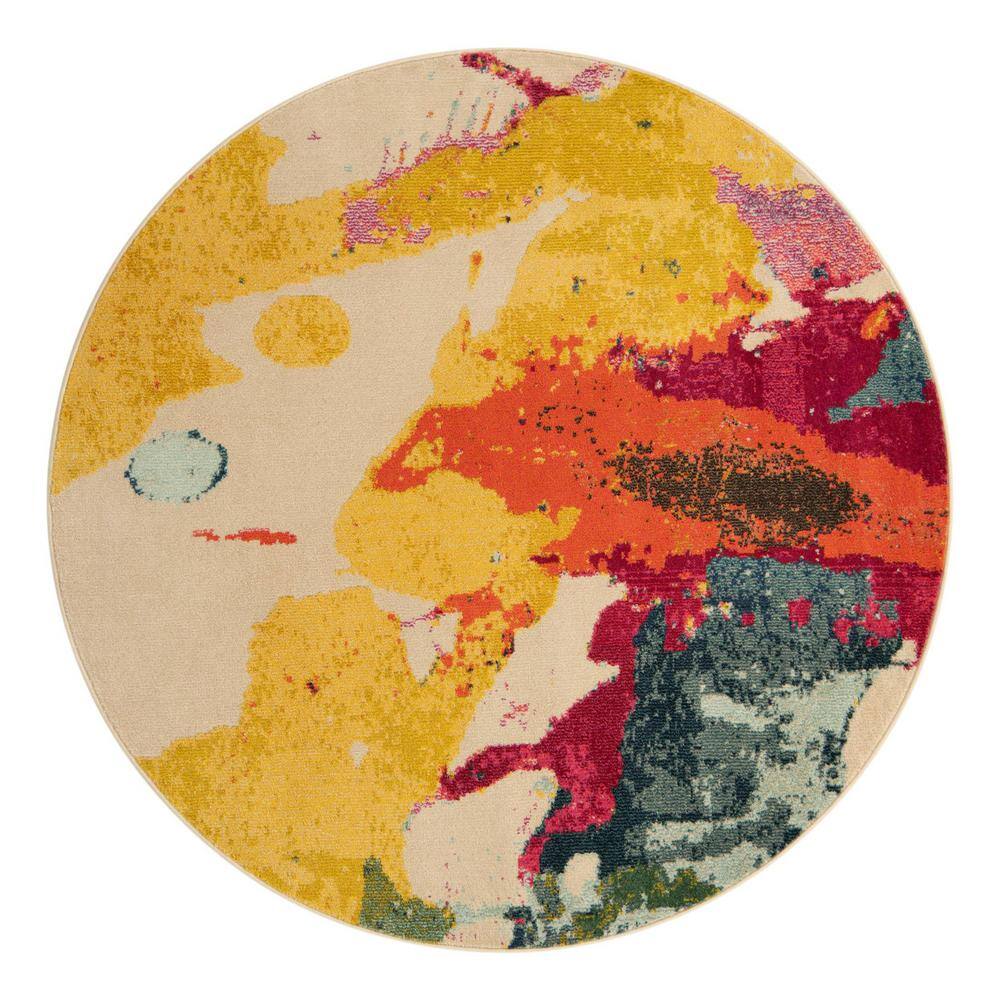 Abstract Blue and Beige Synthetic Round Rug for Easy Care