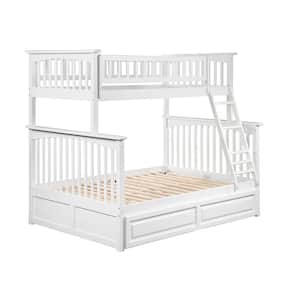 Columbia White Twin over Full Heavy Duty Kids Wood Bunk Bed with Raised Panel Twin Trundle Bed and Safety Railings