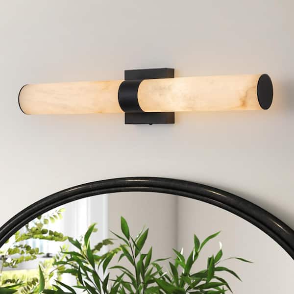 Divine 23.6 in. W 1-Light Matte Black Solid Stone Bathroom LED Vanity Light Cylinder Cloudstone Marble Glow Wall Sconce