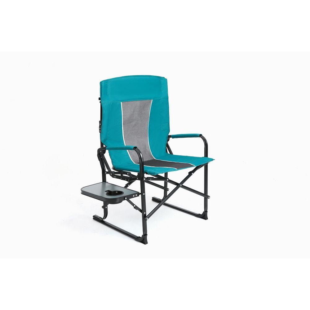 Blue steel folding chair with blue seat and grey backrest on white background.