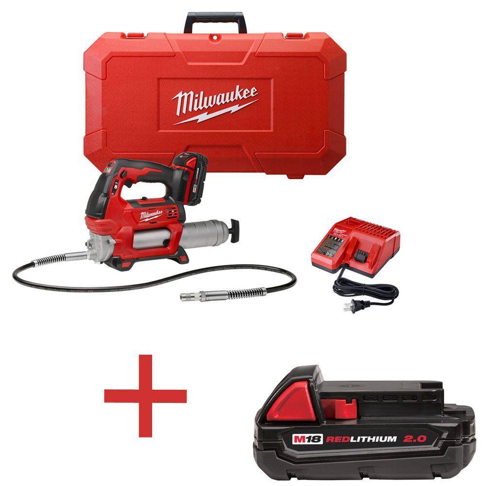 Milwaukee M18 18V Lithium-Ion Cordless 2-Speed Grease Gun Kit with M18 2.0 Ah Compact Battery