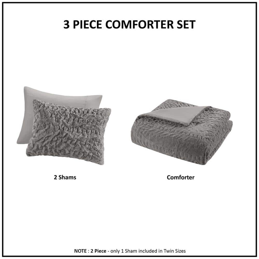 Gray King Ruched Faux Fur Down Alternative Comforter Set
