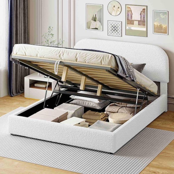 White Wood Frame Queen Size Platform Bed with Hydraulic Storage System