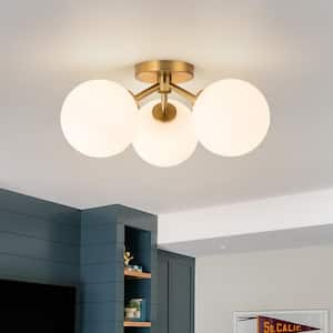 Lueck 18.12 in. 3-Light Gold Sputnik Semi Flush Mount Ceiling Light with Globe Glass Shade