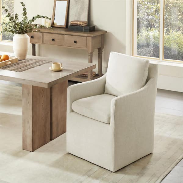 SPRUCE & SPRING Halcyra Cream Fabric Upholstered Dining Chair with Casters No Assembly Modern Accent Armchair for Diningroom Livingroom