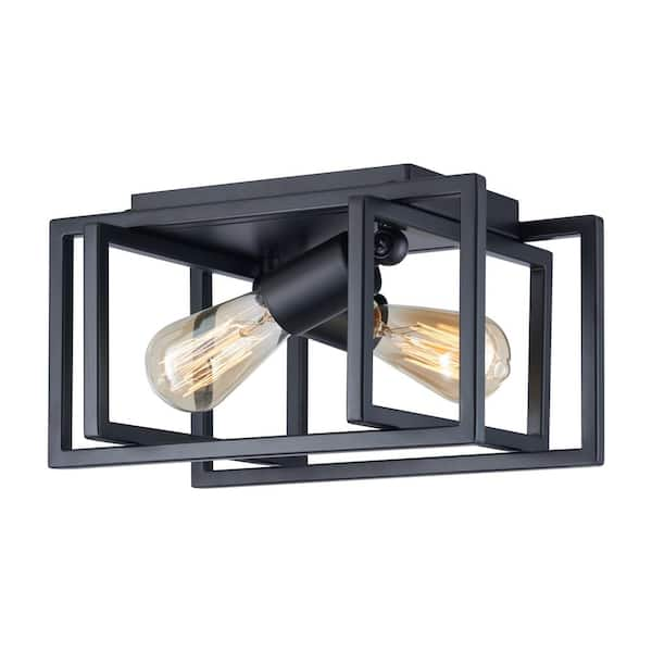 Merra 12 in. 2-Light Matte Black Open Geometric Frame Flush Mount HCF ...