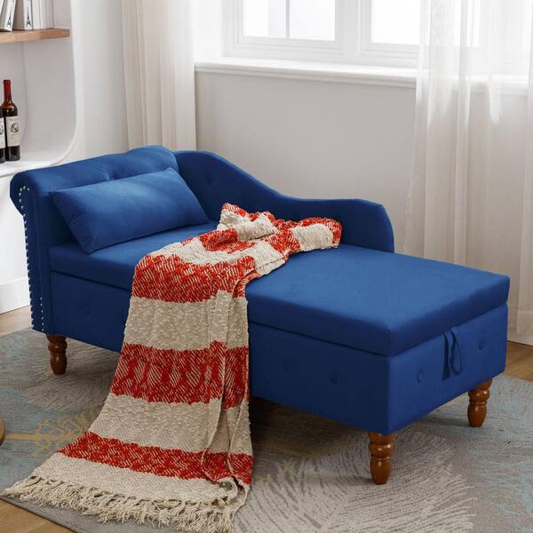 Uixe Modern Navy Blue Velvet Upholstered Buttons Tufted Storage Chaise Lounge Nailhead Trim with Solid Wood Legs and 1-Pillow