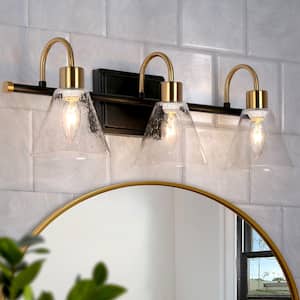 Modern Bathroom Bell Vanity Light 3-Light Black and Brass Powder Room Round Wall Light with Seeded Glass Shades