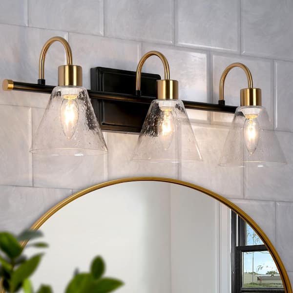 Uolfin Modern Bathroom Bell Vanity Light 3-Light Black and Brass Powder Room Round Wall Light with Seeded Glass Shades