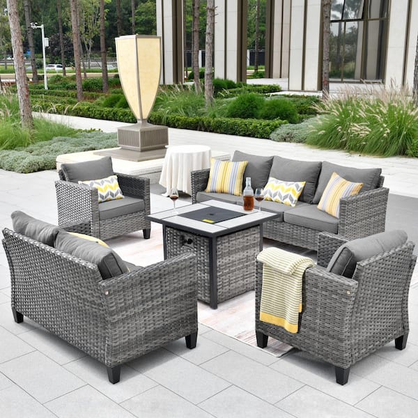 HOOOWOOO Chelan Gray 5-Piece Wicker Outdoor Patio Conversation Sofa Loveseat Set with a Fire Pit and Dark Grey Cushions