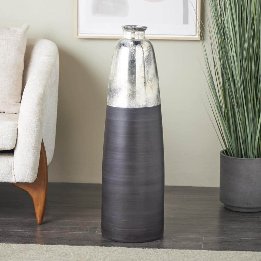 Litton Lane Black Tall Brushed 2-Toned Floor Glass Decorative Vase with Textured Silver Top