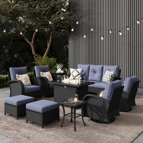 LayinSun 10-Pieces Wicker Swivel Outdoor Chairs Rectangle Fire Pit Patio Conversation Set with Navy Blue Cushions
